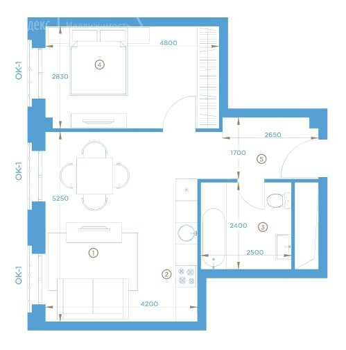 Однокомнатная квартира 44.4 м²