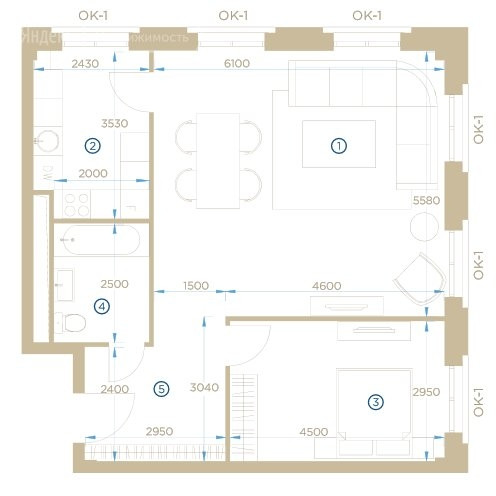 Двухкомнатная квартира 68.5 м²