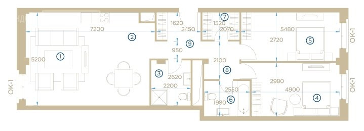 Двухкомнатная квартира 70 м²