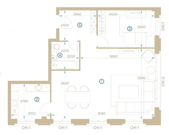 Двухкомнатная квартира 76.2 м²