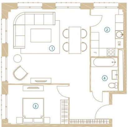 Трёхкомнатная квартира 92 м²