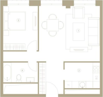 Двухкомнатная квартира 56.3 м²