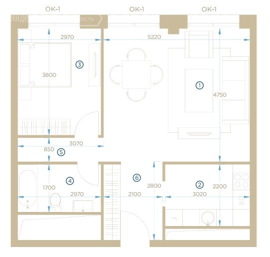 Двухкомнатная квартира 57 м²